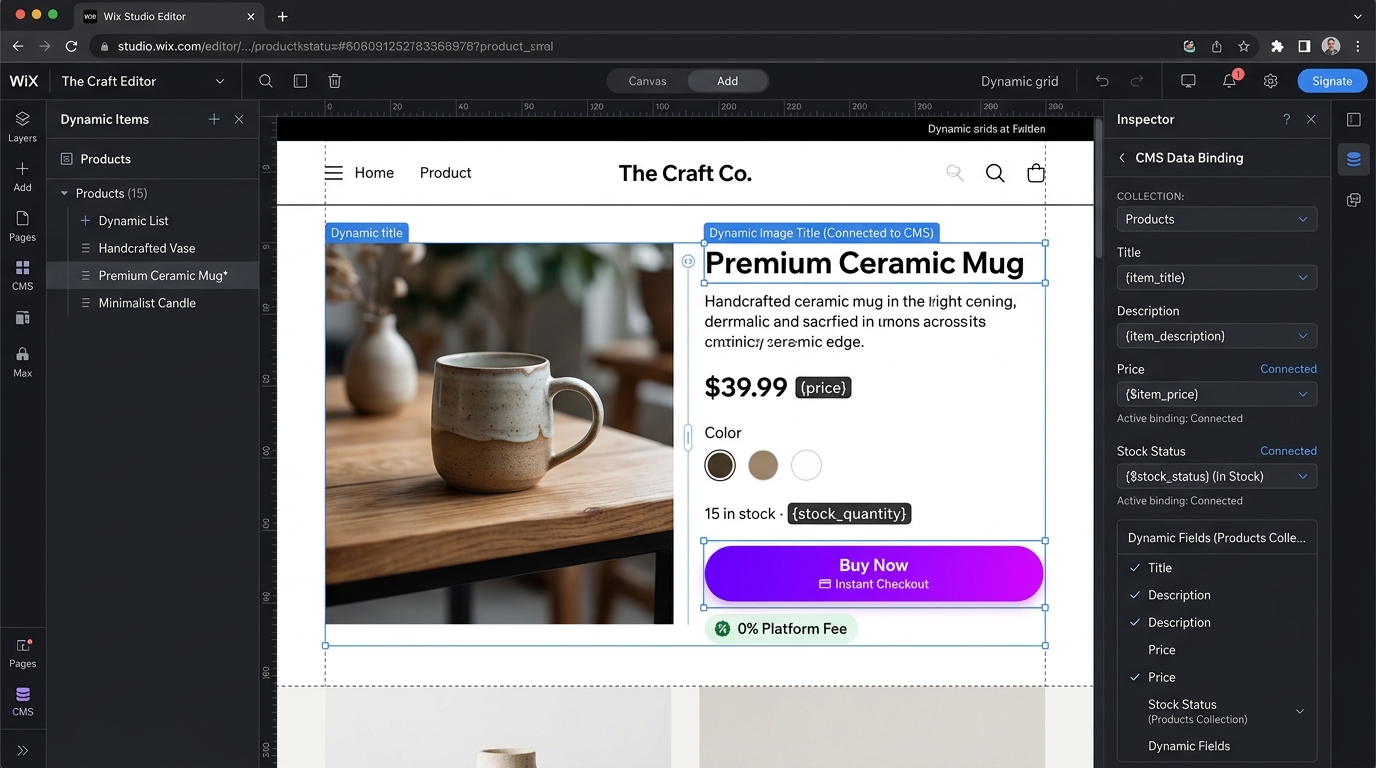Wix Studio CMS 动态集合直接转化为可售商品与即时结账数据流图解
