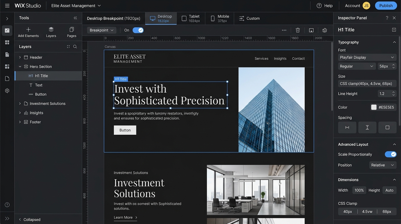 Wix Studio 专业编辑器工作台与流体响应式排版引擎